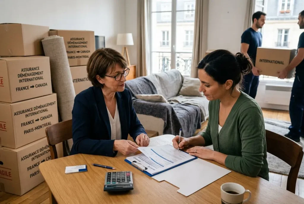Deux femmes signent des documents sur une table, entourées de cartons d'assurance déménagement international couverture.