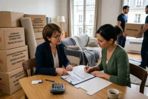 Deux femmes signent des documents sur une table, entourées de cartons d'assurance déménagement international couverture.