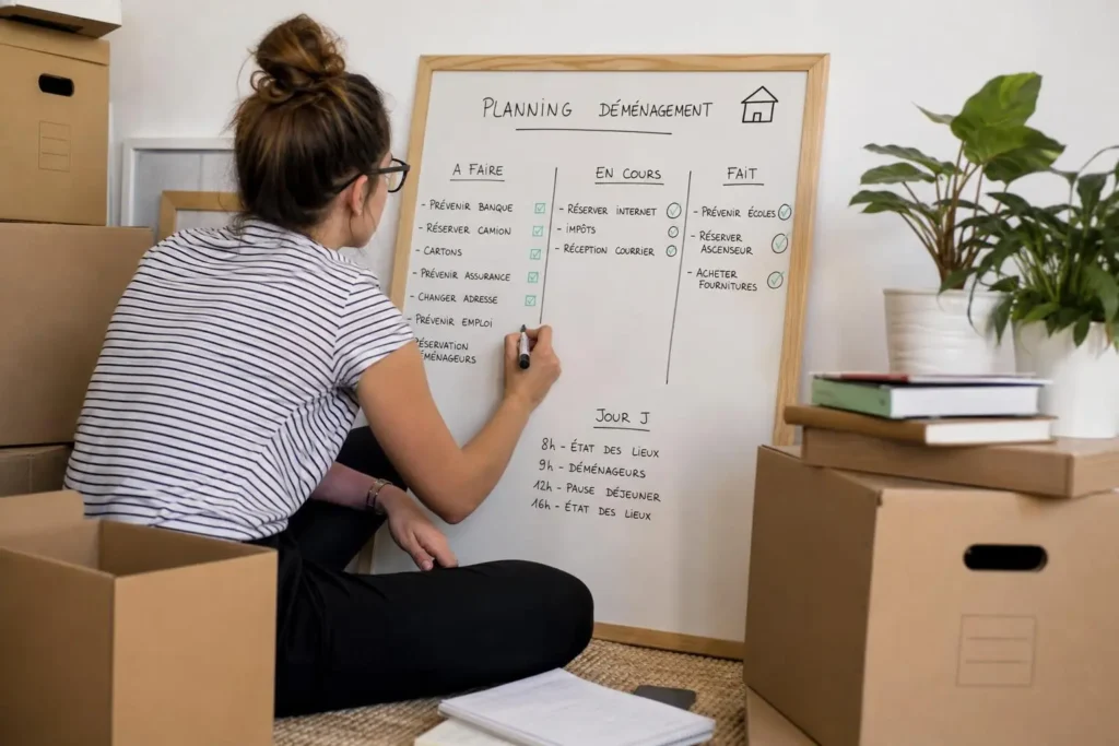 Une personne écrivant sur un tableau blanc intitulé “Planning déménagement” entourée de cartons et de plantes, planifiant les tâches. intégration: "comment organiser son déménagement" naturellement.