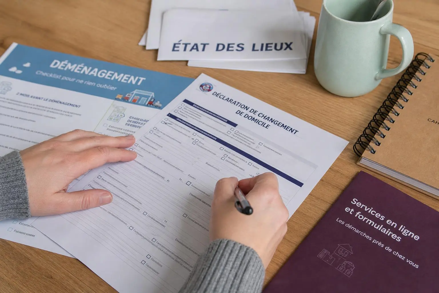 Personne remplissant des documents de déménagement sur une table, avec des formulaires “État des lieux” et “Déclaration de changement de domicile”, mug vert et cahier à côté. Intègre le mot-clé : comment organiser son déménagement.