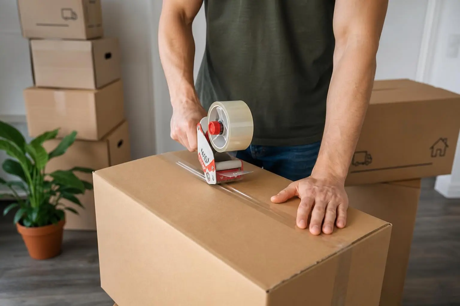 Personne scelle une grosse boîte avec ruban adhésif transparent, à côté de plantes et d’autres cartons. Déménagement outre-mer guide pratique.