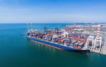 Aerial top view containers ship cargo business commercial trade logistic and transportation of inter